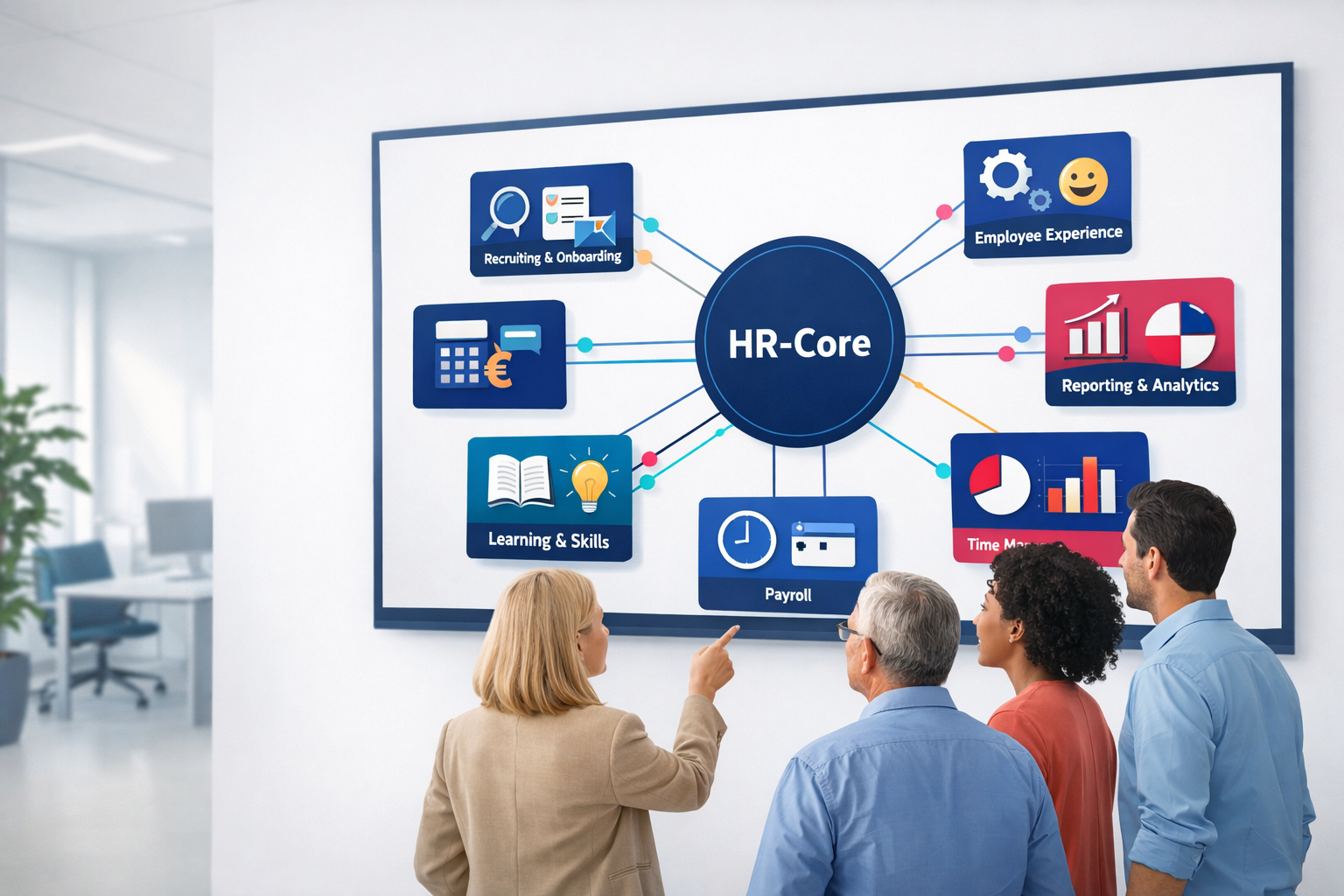 Diverse HR-Verantwortliche betrachten gemeinsam eine zentrale digitale Übersicht mit vernetzten HR-Systemen für Recruiting, Payroll, Zeitwirtschaft, Lernen, Feedback und Analytics.